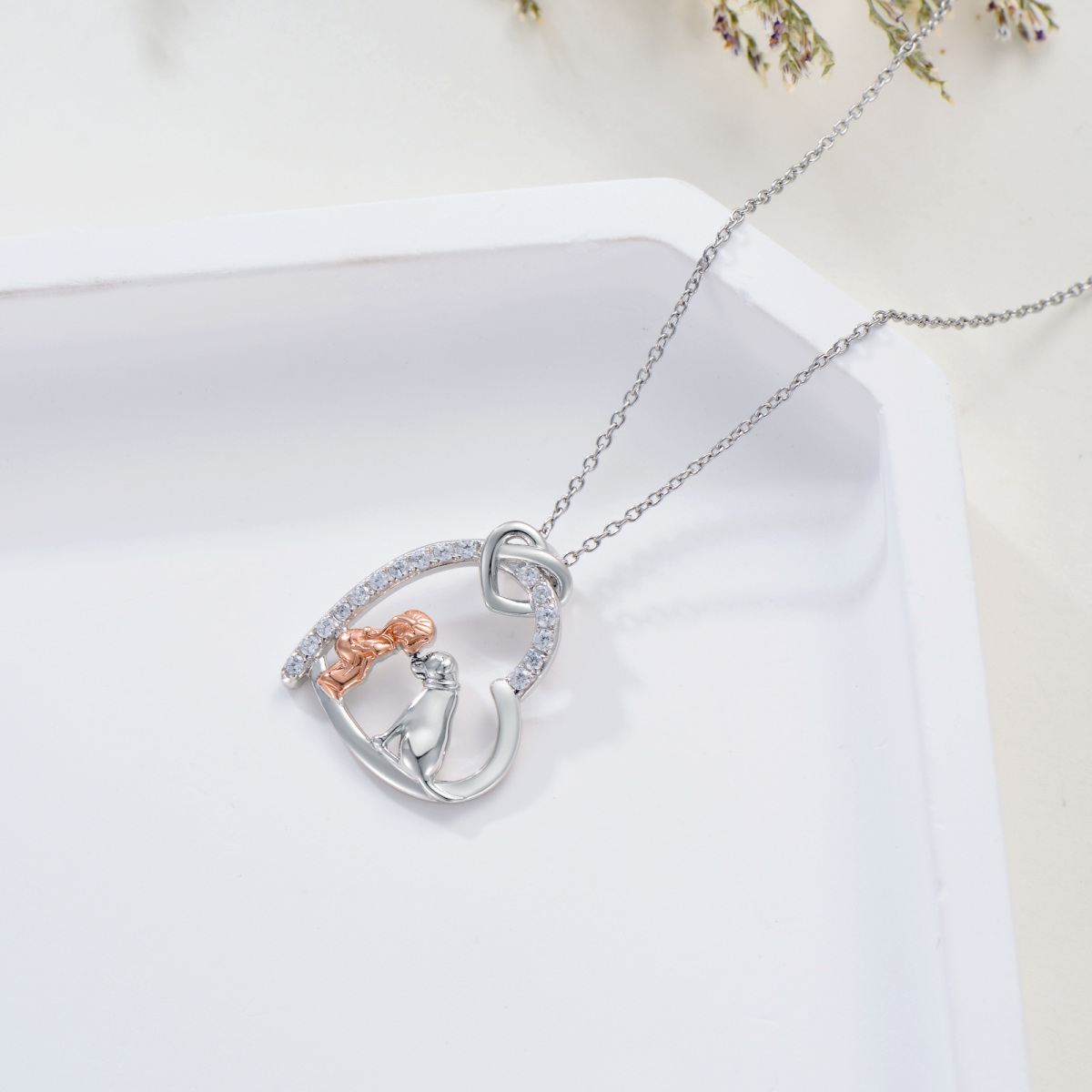 Collier en argent sterling avec pendentif en forme de coeur et de nœud d'amour en zirconium pour fille et chien-6