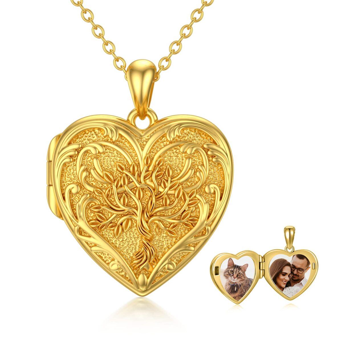 10K Gold Baum des Lebens Herz personalisierte Gravur Foto Medaillon Halskette-1