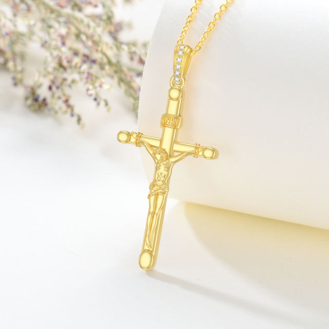 Sterling Silver with Yellow Gold Plated Round Moissanite Cross Pendant Necklace-4