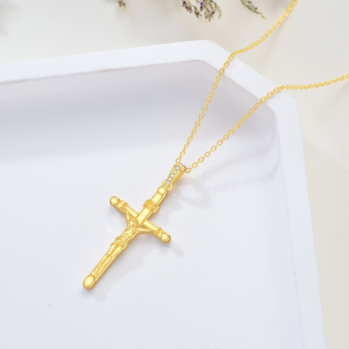 Sterling Silver with Yellow Gold Plated Round Moissanite Cross Pendant Necklace-6