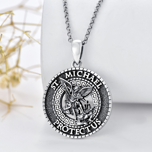 Sterling Silver Saint Michael Pendant Necklace with Engraved Words-3