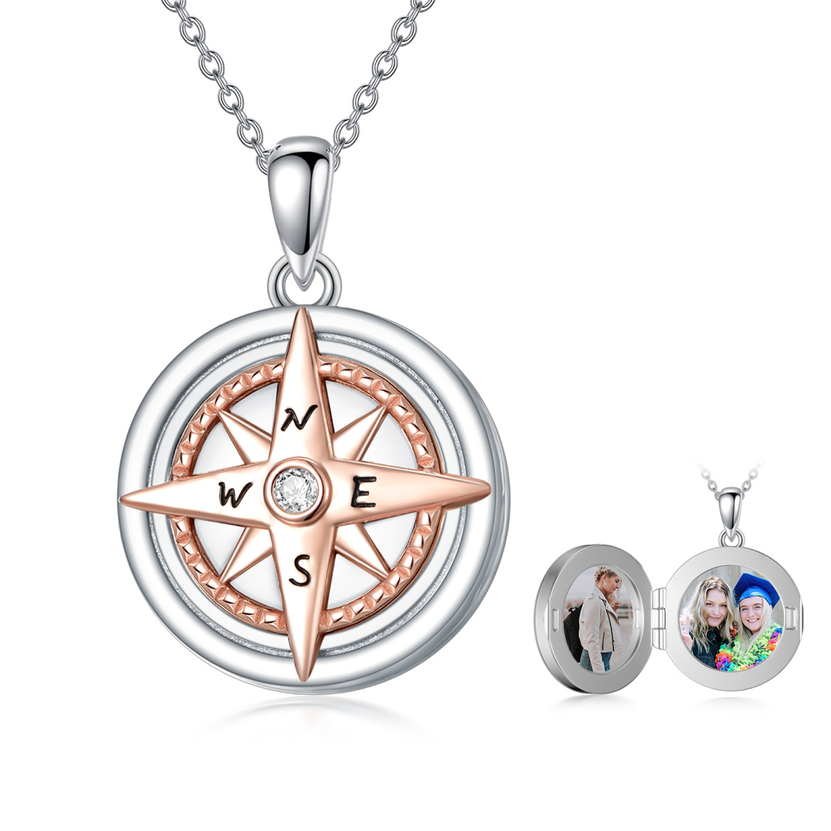 Sterling Silver Two-tone Compass Personalized Photo Locket Necklace Gift for Graduates-1