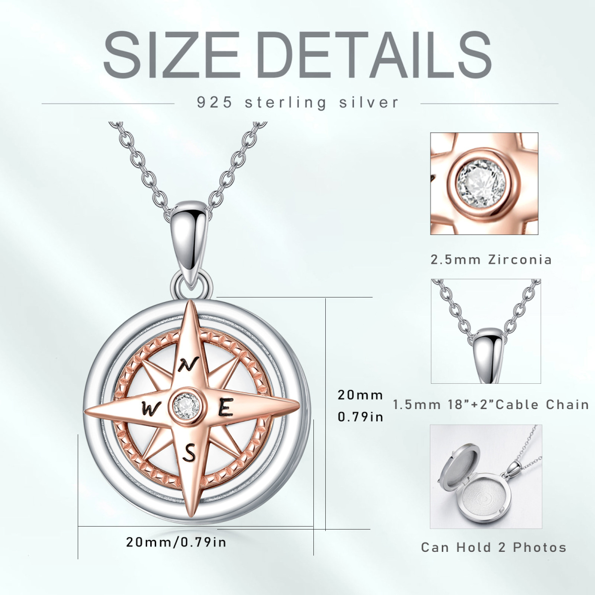 Sterling Silver Two-tone Compass Personalized Photo Locket Necklace Gift for Graduates-7