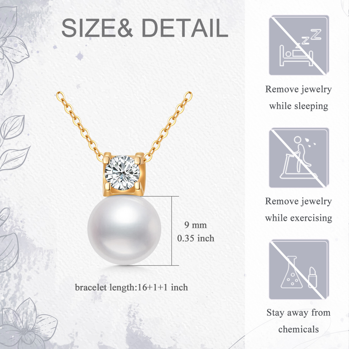 14K Gold Pearl Pendant Necklace with Princess Cut Moissanite-5