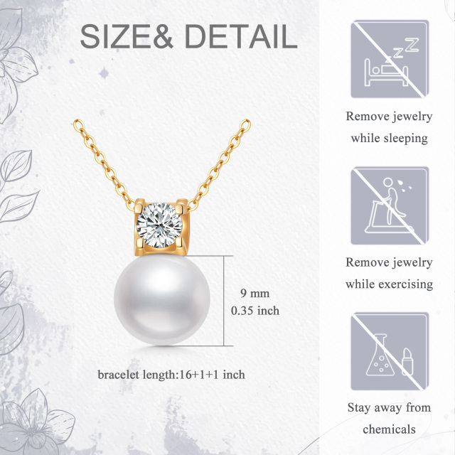 14K Gold Pearl Pendant Necklace with Princess Cut Moissanite-4