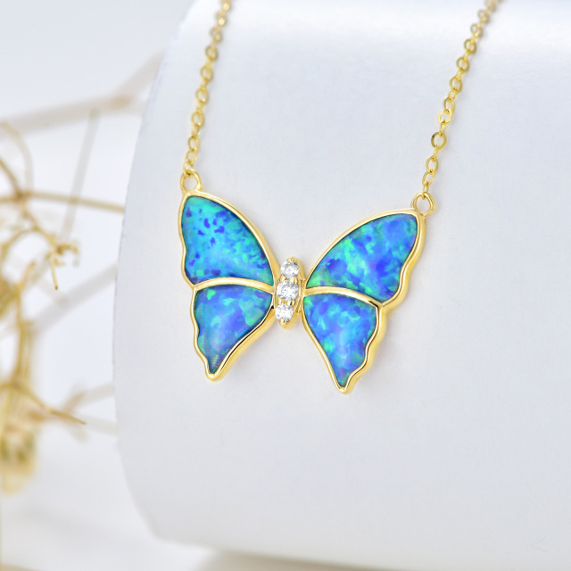14K Gold Blue Opal Butterfly Pendant Necklace-3