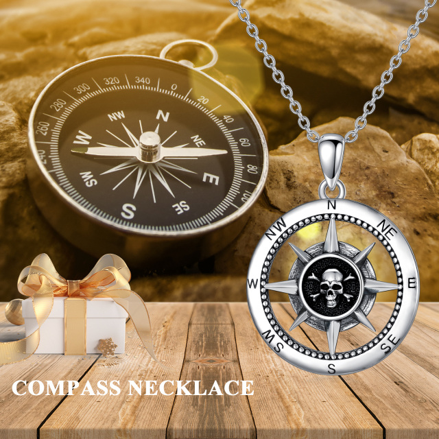 Sterling Silver Compass & Skull Pendant Necklace-5