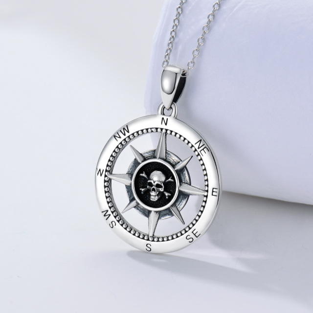 Sterling Silver Compass & Skull Pendant Necklace-3