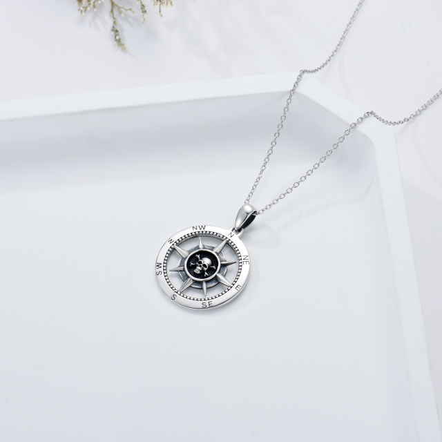 Sterling Silver Compass & Skull Pendant Necklace-4