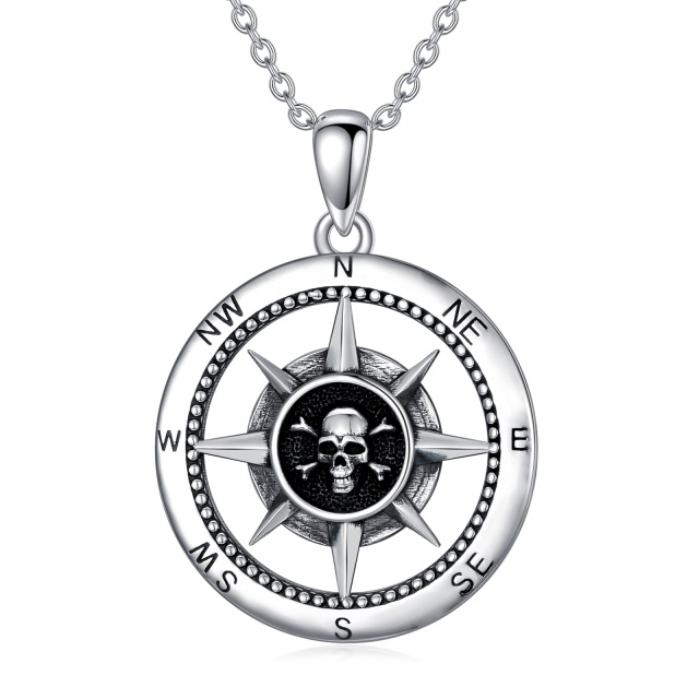 Sterling Silver Compass & Skull Pendant Necklace-1