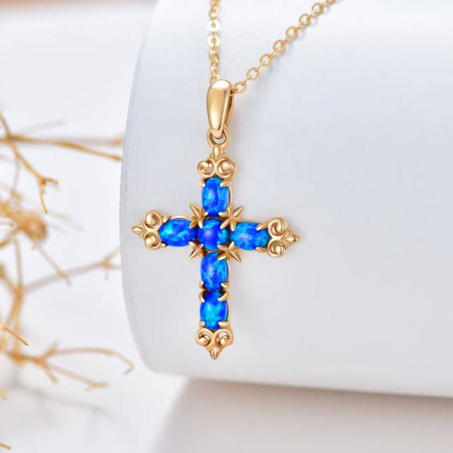 14K Gold Oval Shaped Blue Opal Cross Pendant Necklace-2