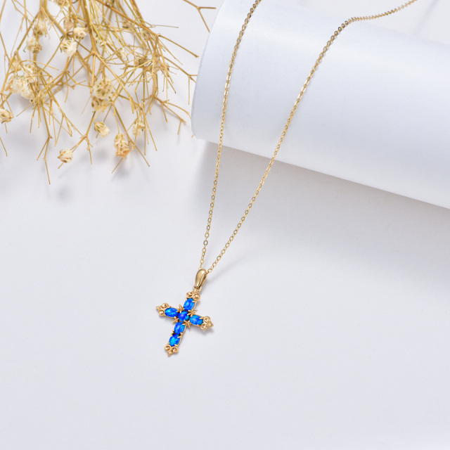 14K Gold Oval Shaped Blue Opal Cross Pendant Necklace-3