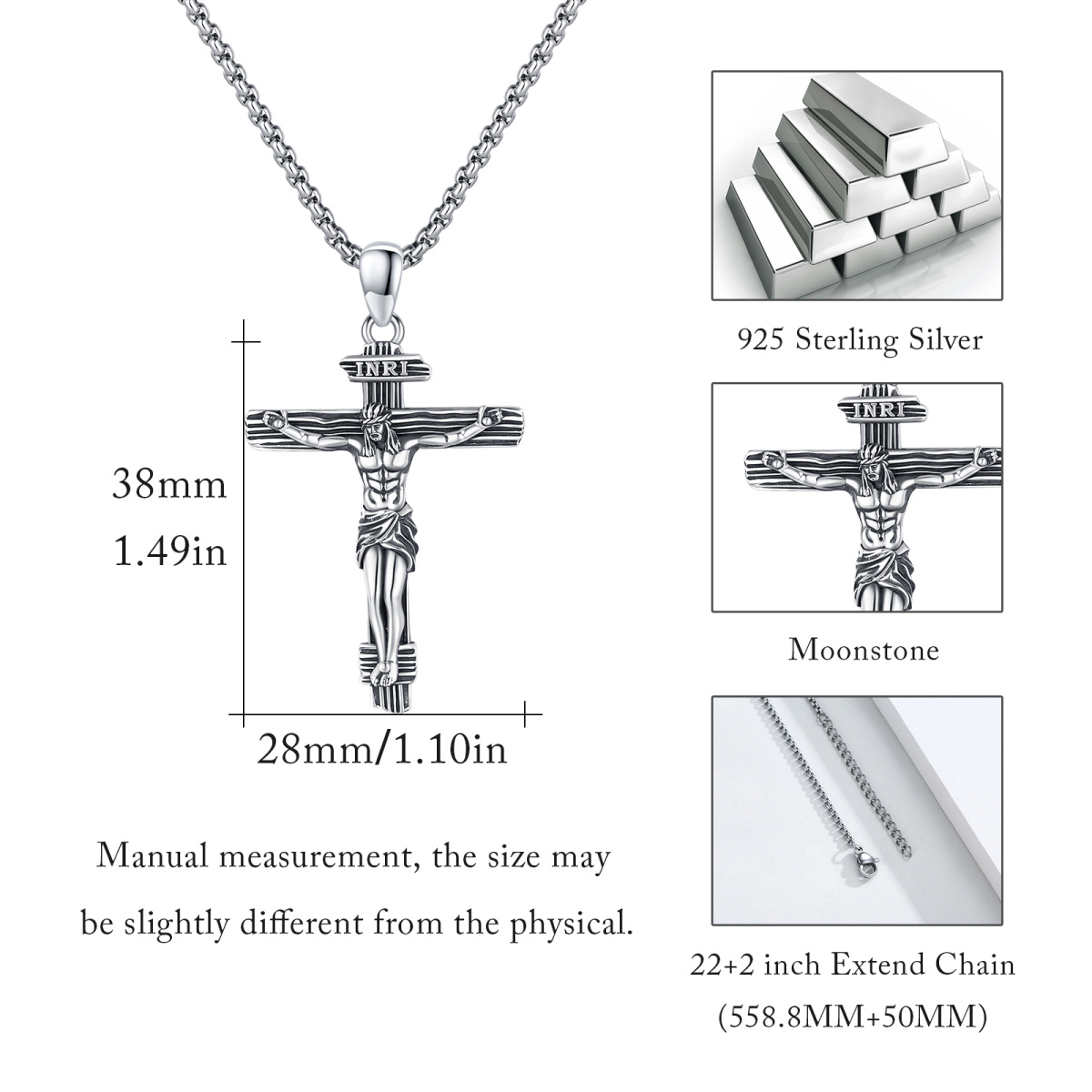 Sterling Silver INRI Cross Pendant Necklace for Men-5