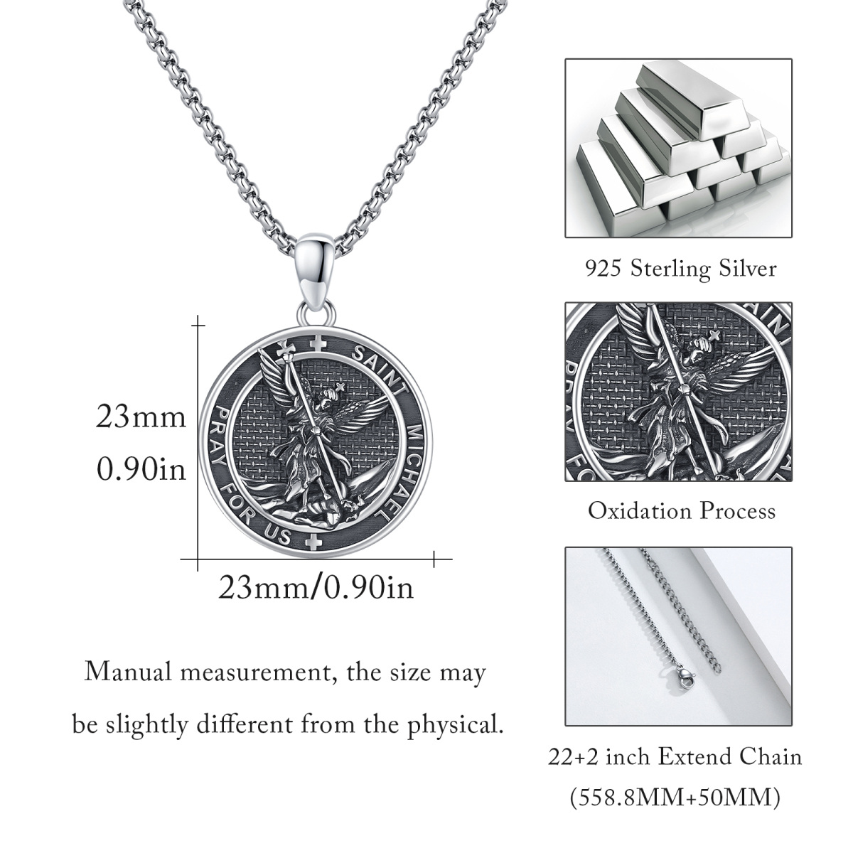 Sterling Silver Saint Michael Pendant Necklace with Engraved Word for Men-5