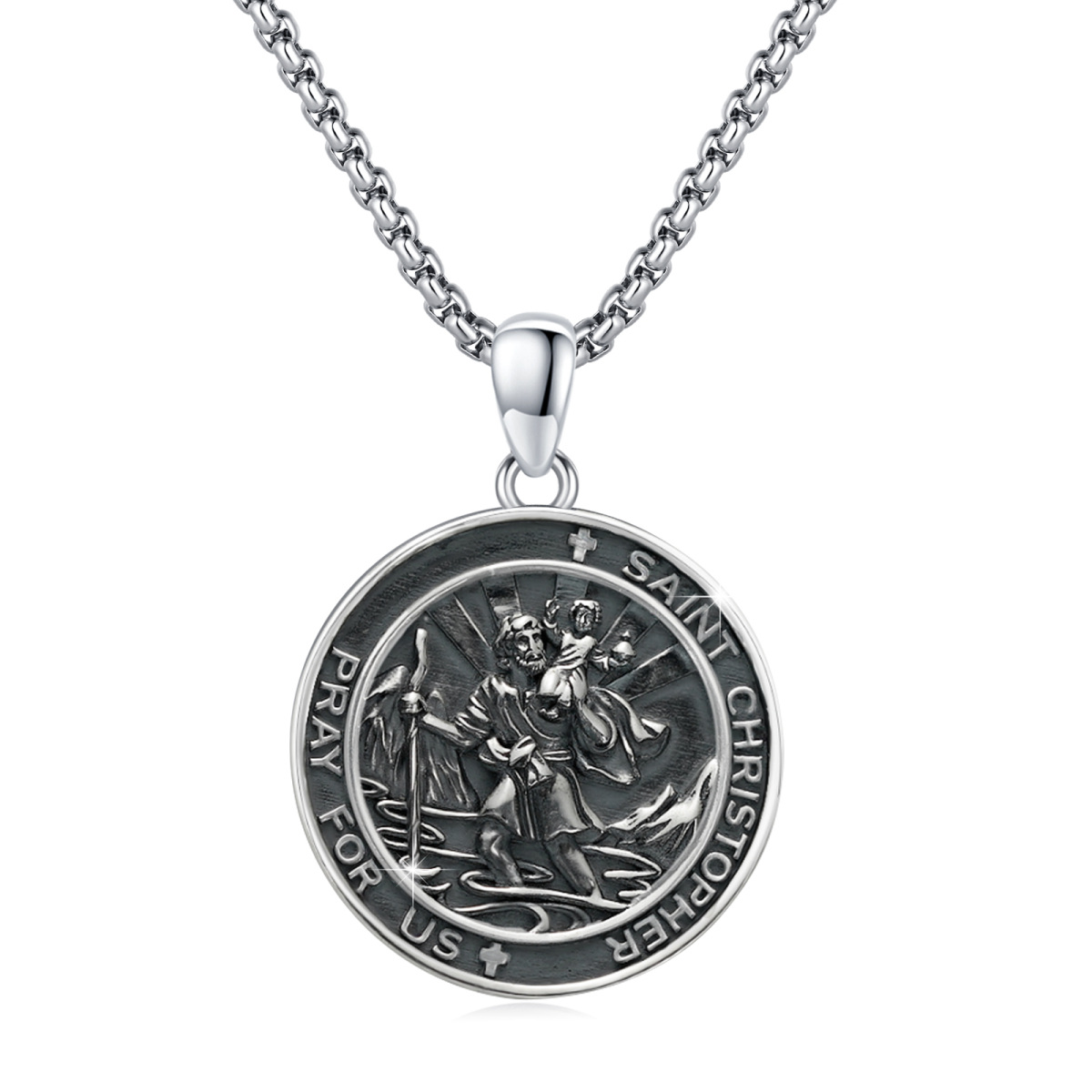 Sterling Silver Black St. Christopher Pendant Necklace for Men-1