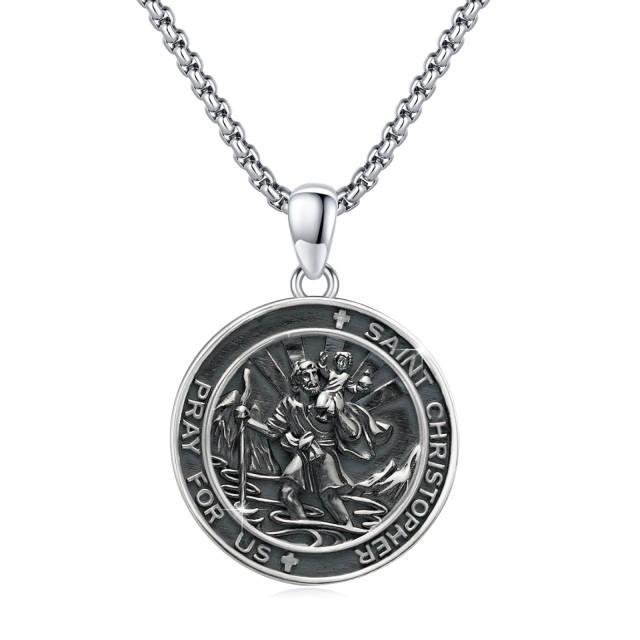 Sterling Silver Black St. Christopher Pendant Necklace for Men-0