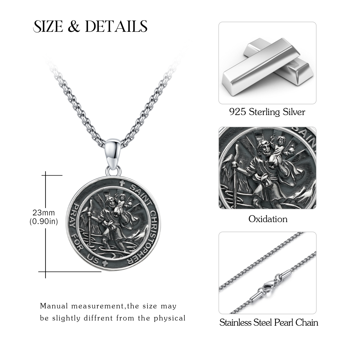 Sterling Silver Black St. Christopher Pendant Necklace for Men-5