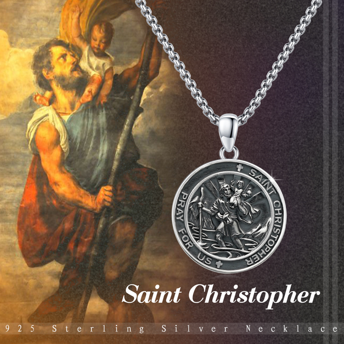 Sterling Silver Black St. Christopher Pendant Necklace for Men-4