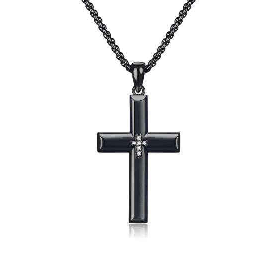 Collier en argent sterling avec pendentif croix plaqué noir pour hommes