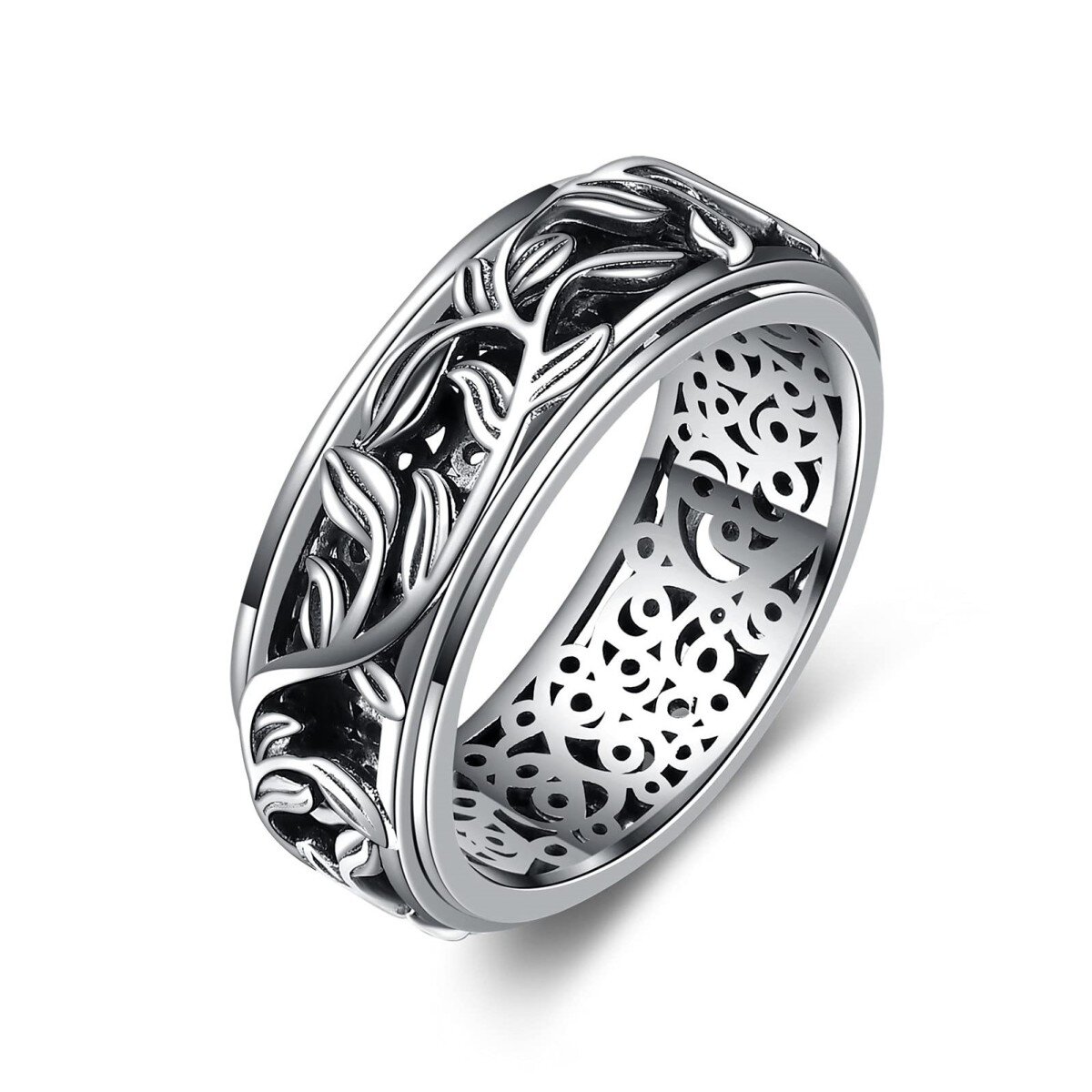 Sterling Silver Ring Filigree Leaves Spinner Ring Relieving Stress-1