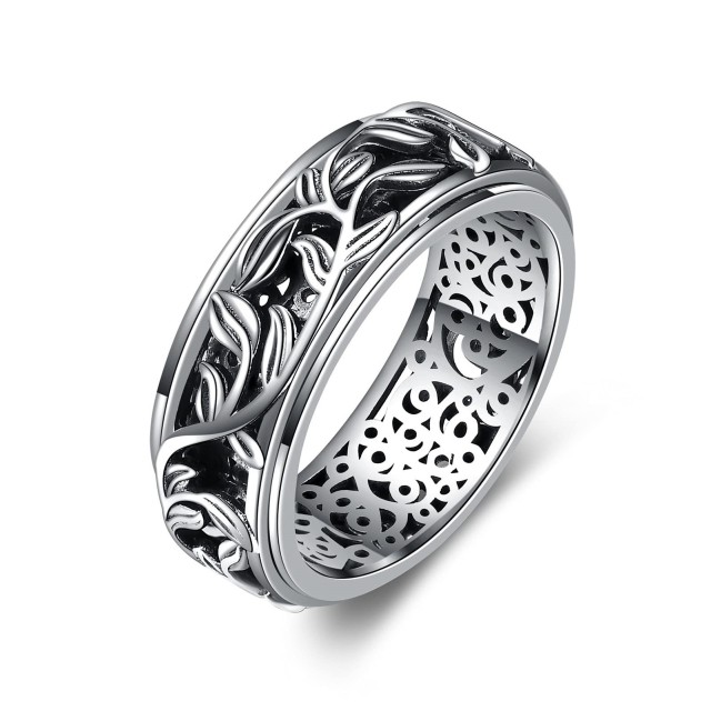 Sterling Silver Ring Filigree Leaves Spinner Ring Relieving Stress-0