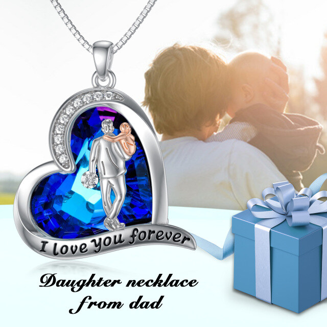 Sterling Silver Crystal Father & Daughter Heart Pendant Necklace with Engraved Word-2