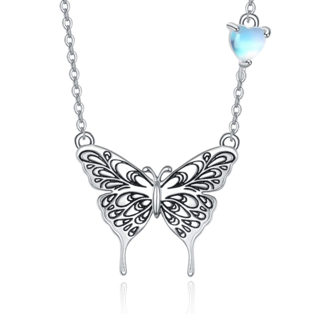 Sterling Silver Heart Shaped Moonstone Butterfly Pendant Necklace-1
