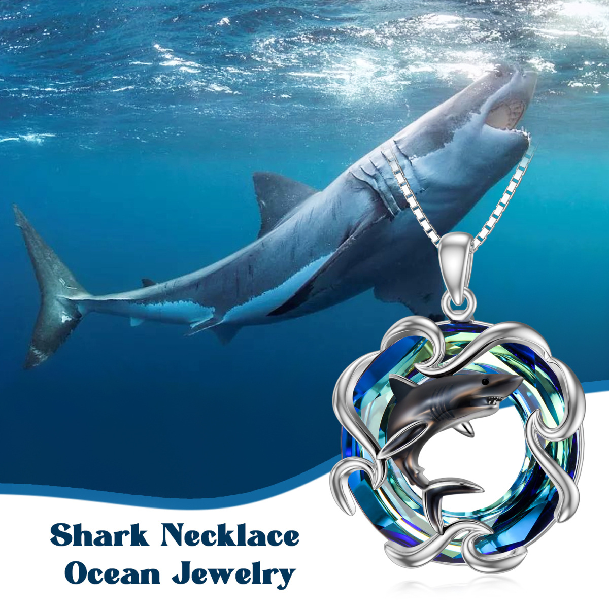 Sterling Silver Shark Crystal Pendant Necklace-6