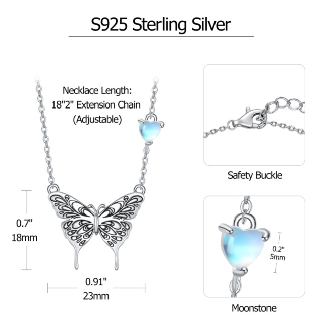 Sterling Silber Herz geformt Mondstein Schmetterling Anhänger Halskette-5