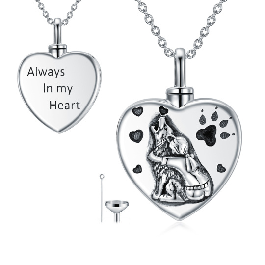 Sterling Silver Two-tone Wolf & Electrocardiogram Urn Necklace for Ashes with Engraved Word