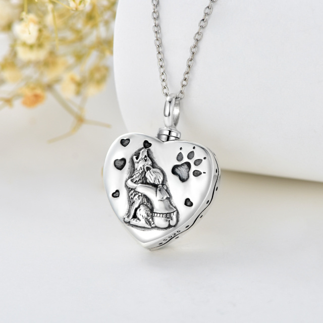 Sterling Silver Two-tone Wolf & Electrocardiogram Urn Necklace for Ashes with Engraved Word-4