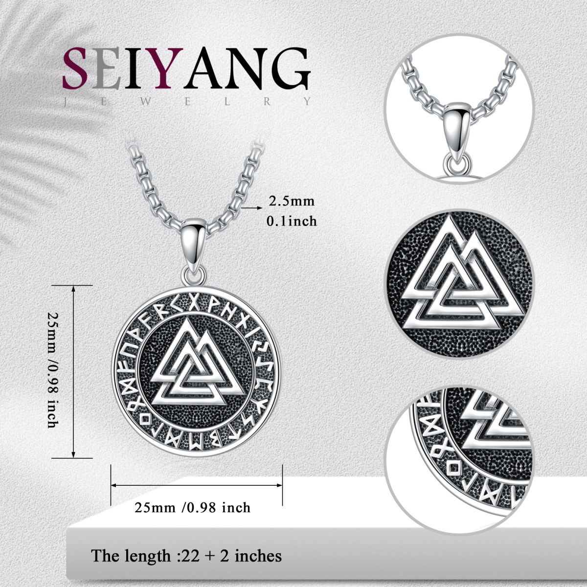 Sterling Silver Triangle & Viking Rune Pendant Necklace for Men-6