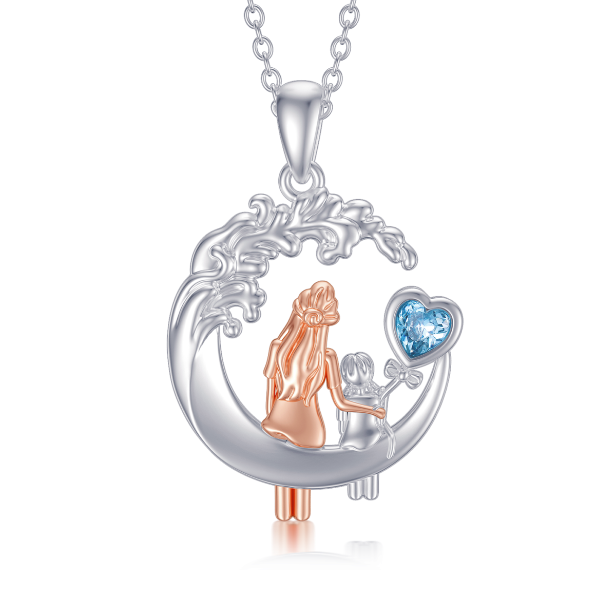 Collar de plata de ley de dos tonos Corazón de cristal Madre y Luna Colgante-1