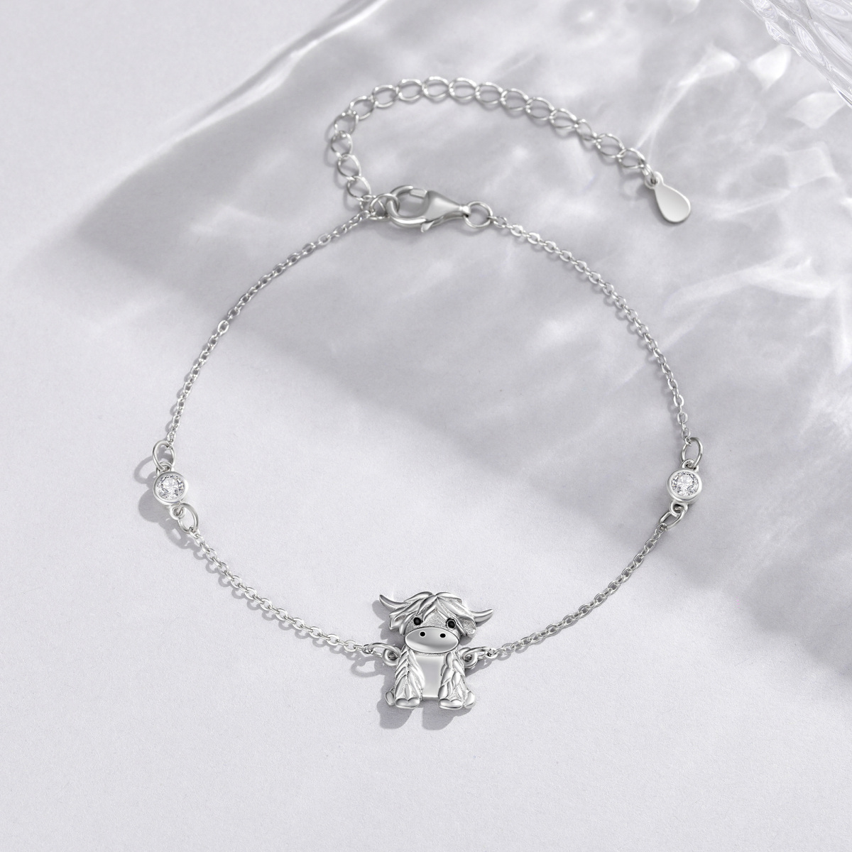 Sterling Silver Cubic Zirconia Highland Cow Pendant Bracelet-4