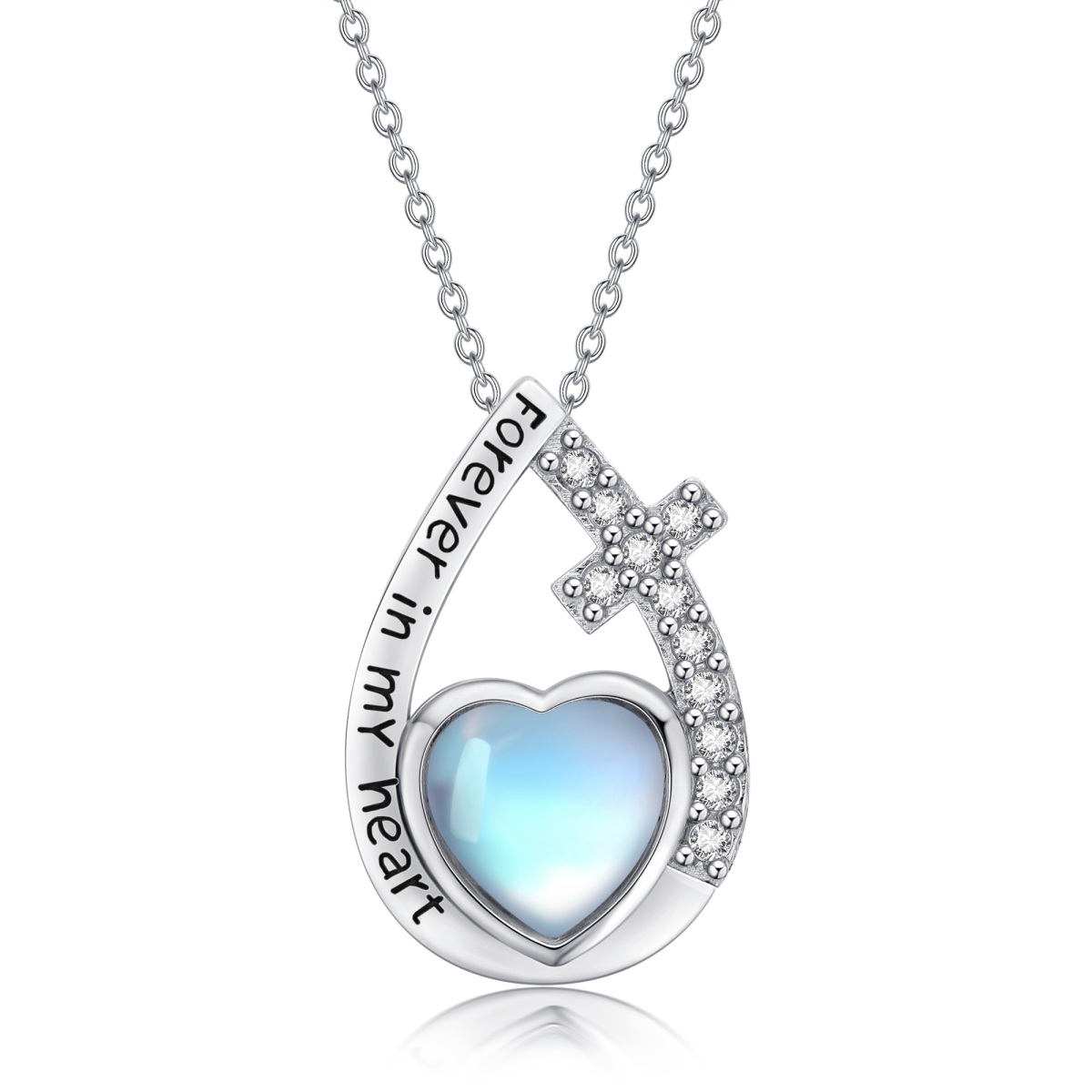 Sterling Silver Heart Shaped Moonstone Cross & Drop Shape Urn Necklace for Ashes with Engraved Word-1