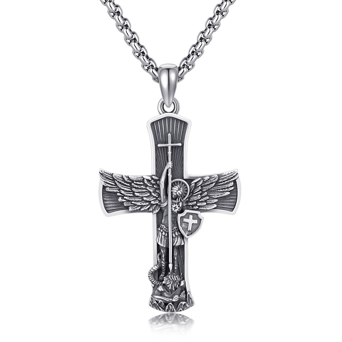 Sterling Silver Cross & Saint Michael Pendant Necklace for Men-1