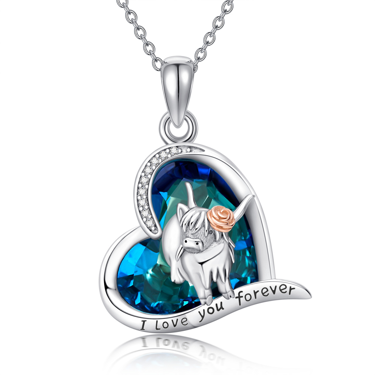 Sterling Silver Two-tone Crystal Cow Pendant Necklace with Engraved Word-1