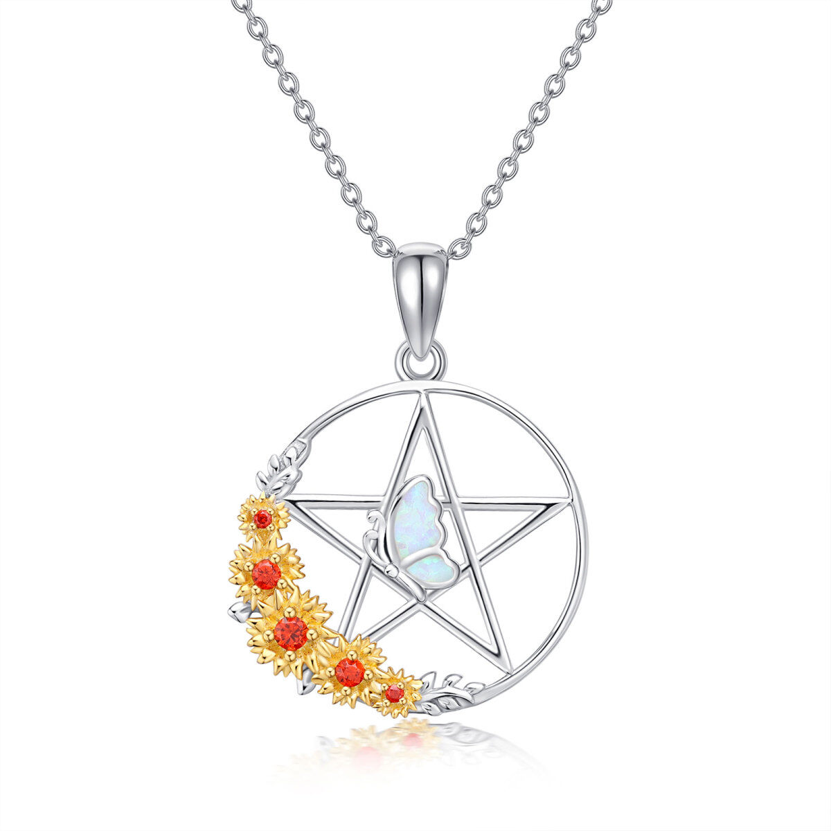 Sterling Silver Two-tone Opal Butterfly & Sunflower & Pentagram Pendant Necklace-1