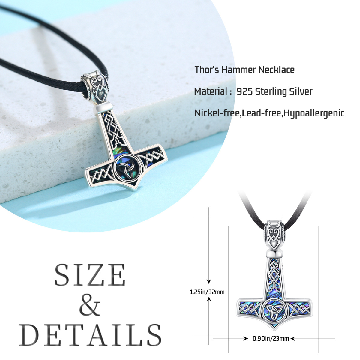 Collier en argent sterling avec pendentif Abalone Shellfish Celtic Knot & Thor's Hammer-7