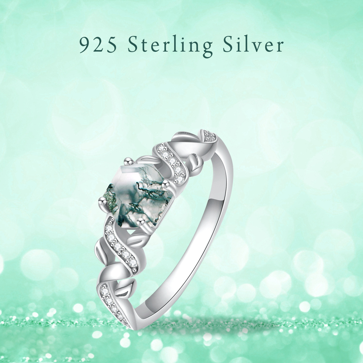 Sterling Silver Moss Agate Ivy Leaves Ring Engagement Ring Band-8