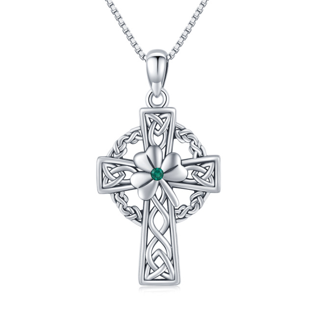 Sterling Silver Circular Shaped Cubic Zirconia Celtic Knot & Cross Pendant Necklace-1