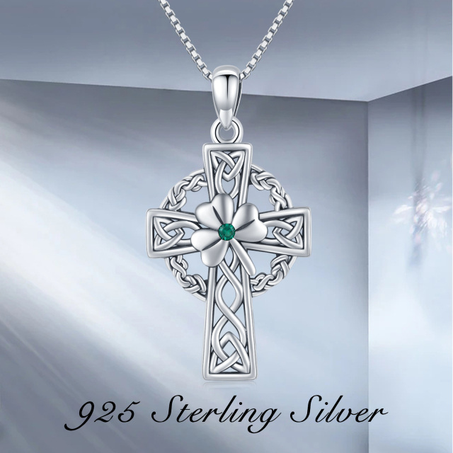 Sterling Silver Circular Shaped Cubic Zirconia Celtic Knot & Cross Pendant Necklace-6