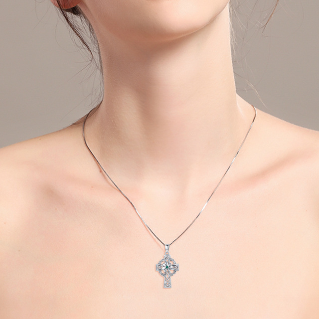 Sterling Silver Circular Shaped Cubic Zirconia Celtic Knot & Cross Pendant Necklace-2
