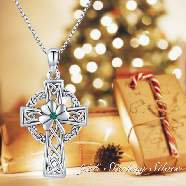 Sterling Silver Circular Shaped Cubic Zirconia Celtic Knot & Cross Pendant Necklace-8
