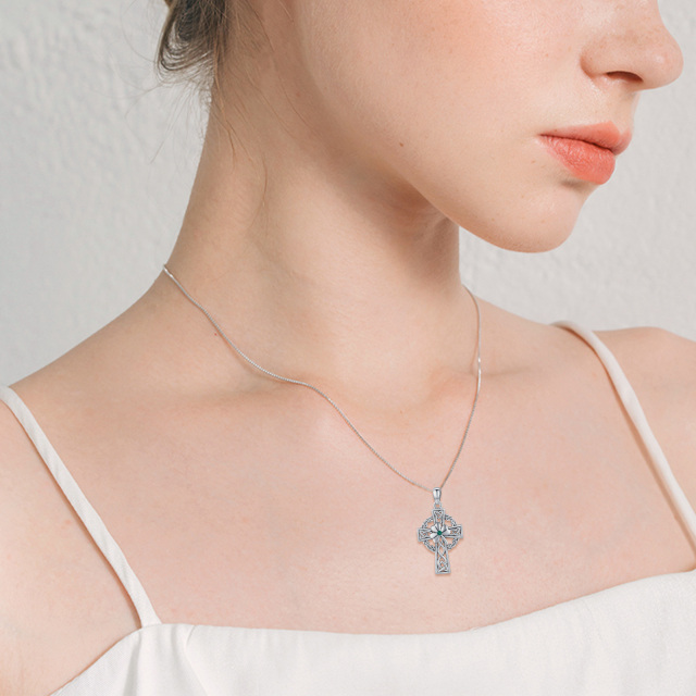 Sterling Silver Circular Shaped Cubic Zirconia Celtic Knot & Cross Pendant Necklace-3
