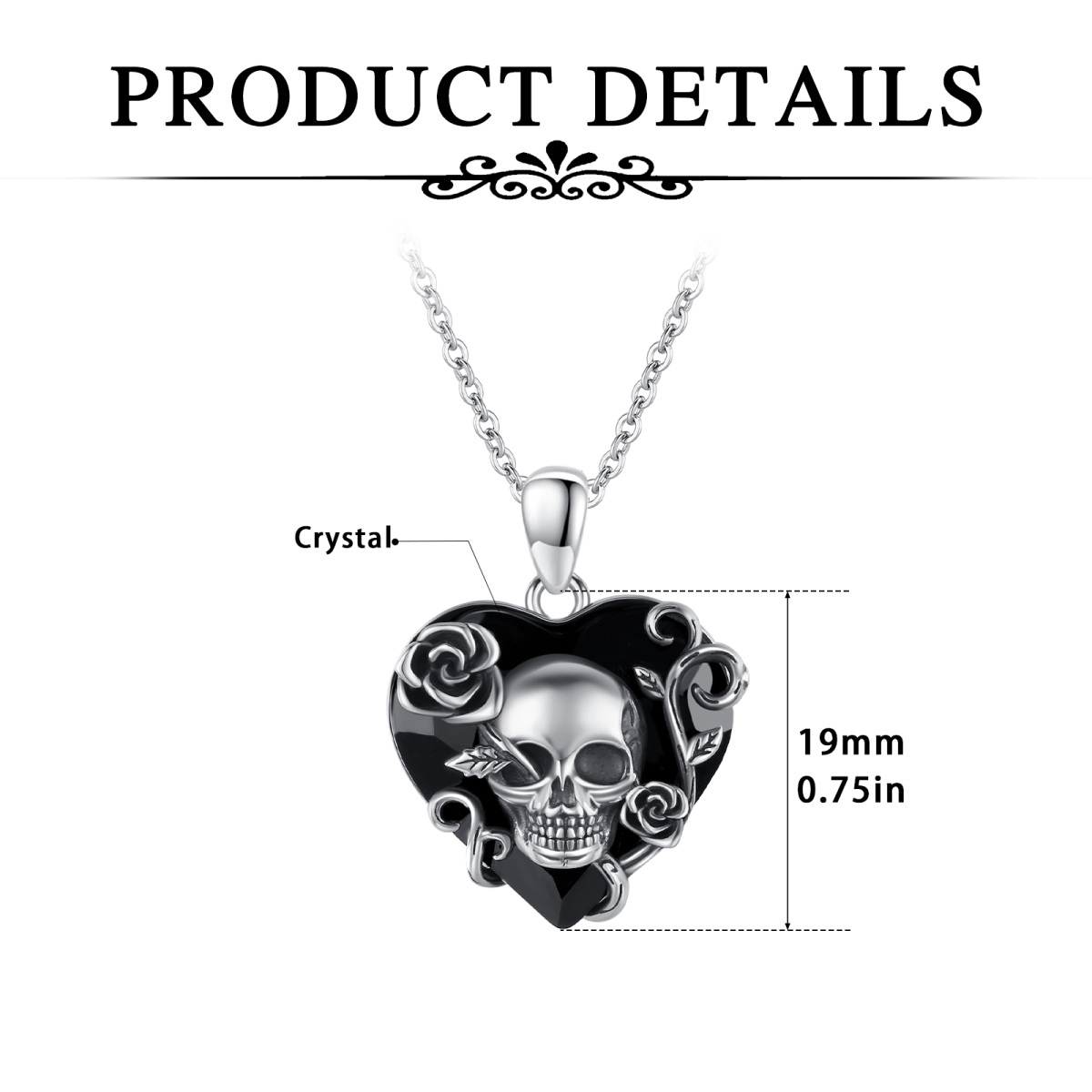 Halskette mit herzförmigem Rosenschädel-Anhänger aus Sterlingsilber mit schwarz plattiertem Kristall-6