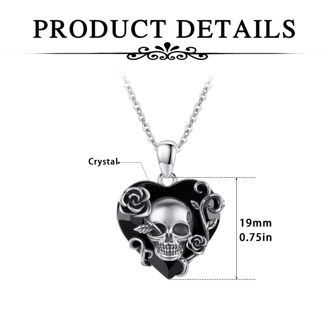 Sterling Silver with Black Plated Heart Shaped Rose & Skull Crystal Pendant Necklace-5