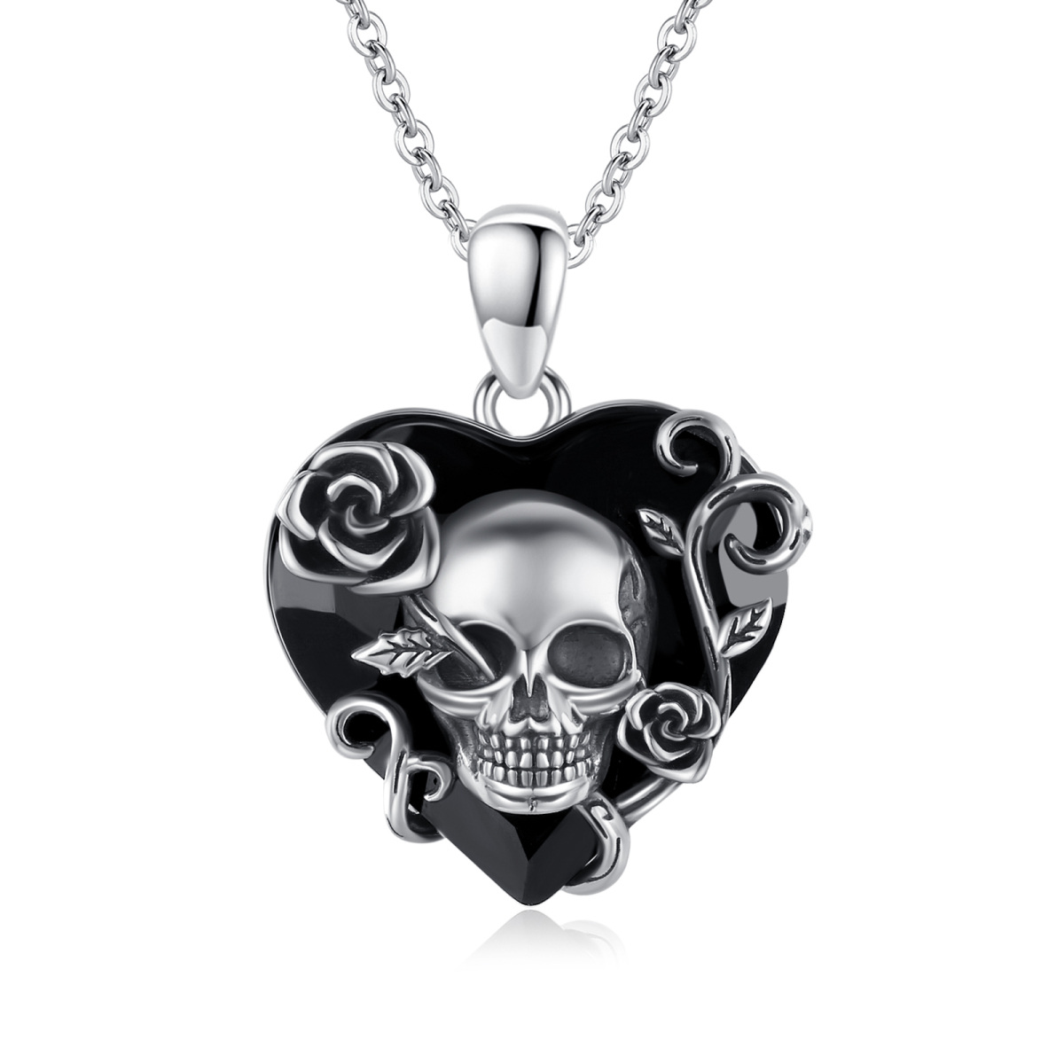 Sterling Silver with Black Plated Heart Shaped Rose & Skull Crystal Pendant Necklace-1