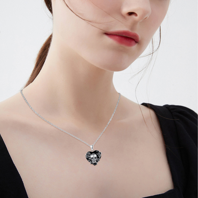 Sterling Silver with Black Plated Heart Shaped Rose & Skull Crystal Pendant Necklace-1