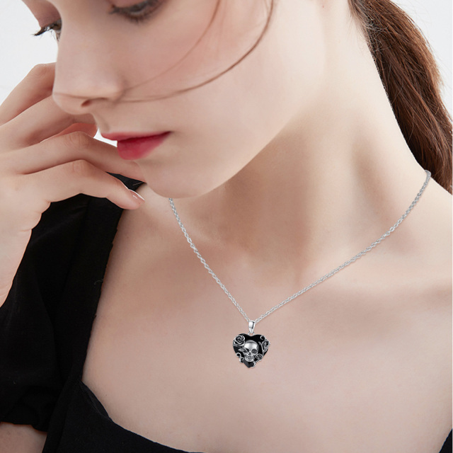 Sterling Silver with Black Plated Heart Shaped Rose & Skull Crystal Pendant Necklace-3